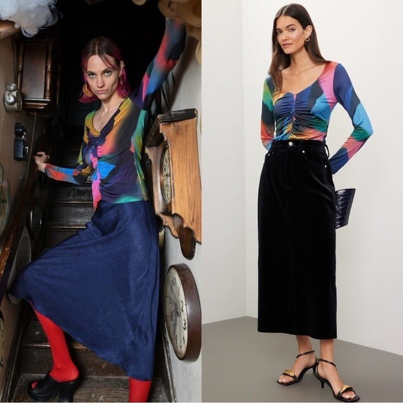 UNTITLED IN MOTION 90s Abstract Print Ruched V-Neck Long Sleeve Slim Fit Top S - Picture 1 of 14